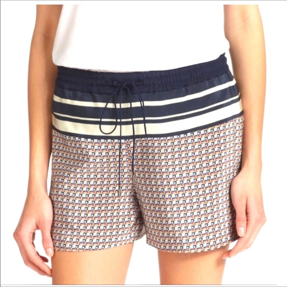 Vince Border Stripe Print Silk Drawstring Shorts